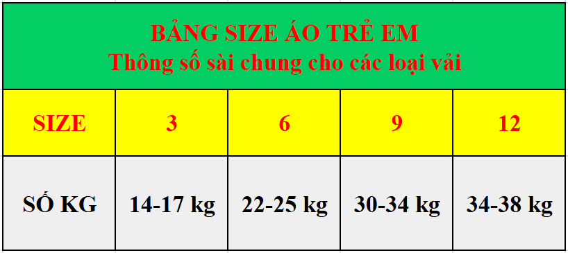 bảng size áo trẻ em